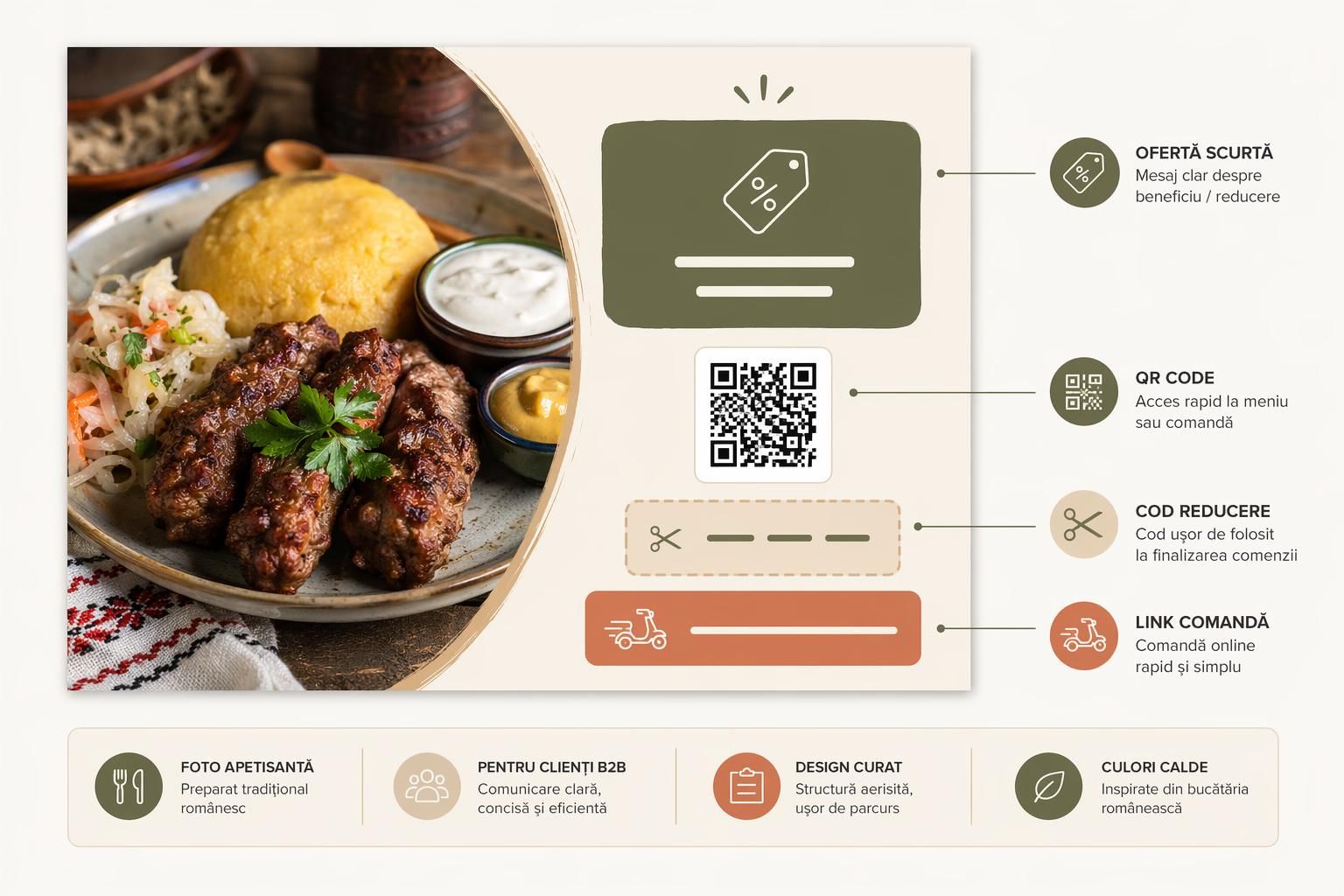 Structura unui pliant pentru restaurant cu ofertă, cod QR și cod de reducere