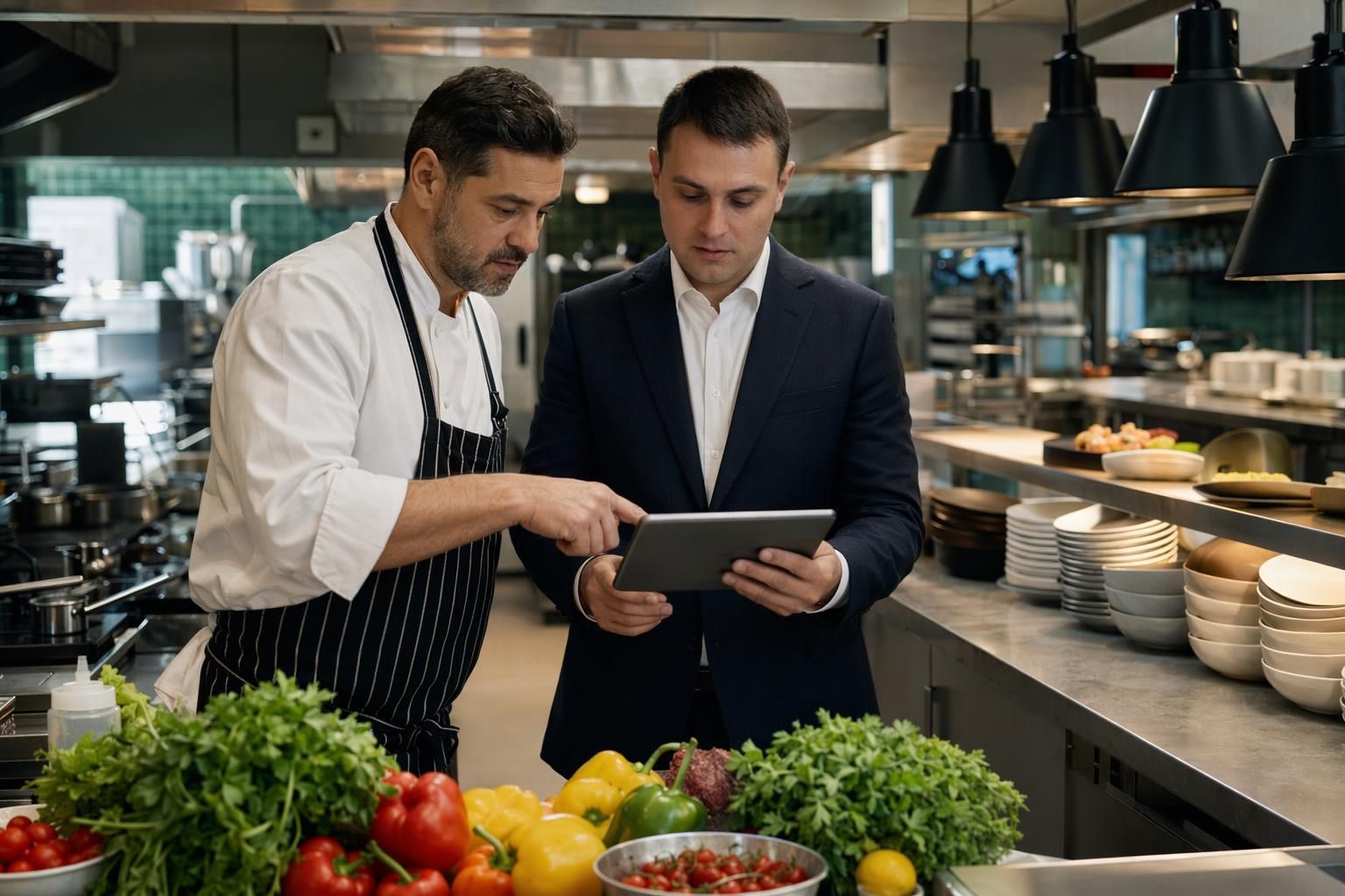 Manager de restaurant actualizând meniul digital pe tabletă