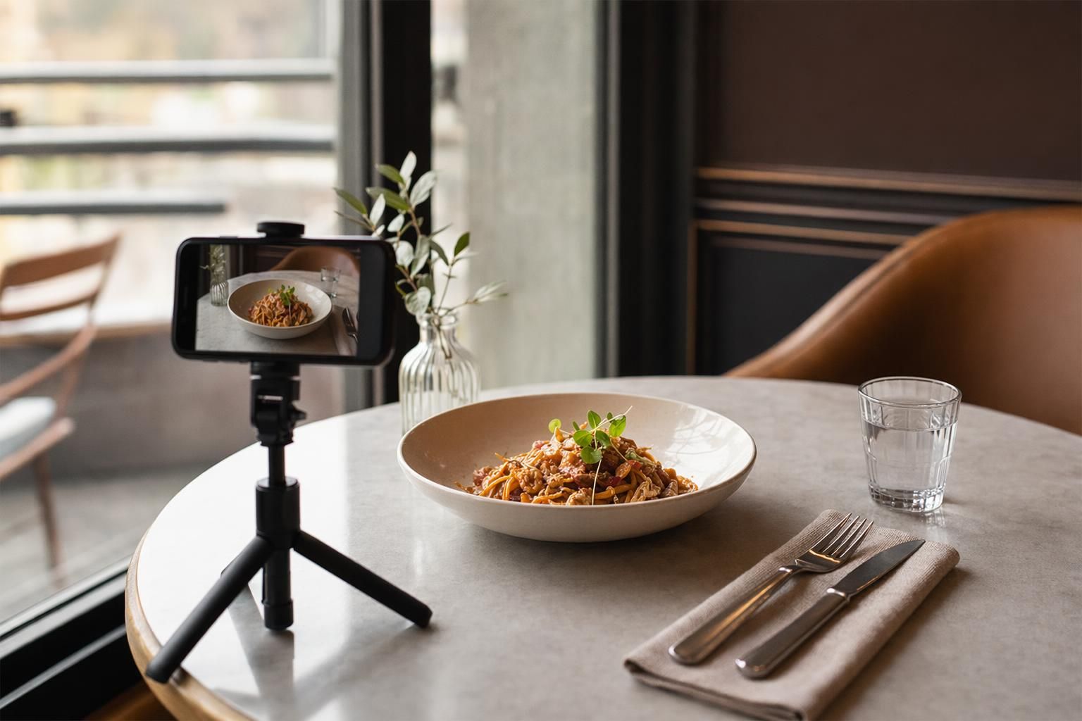 Telefon pe trepied filmând un preparat pentru postările restaurantului