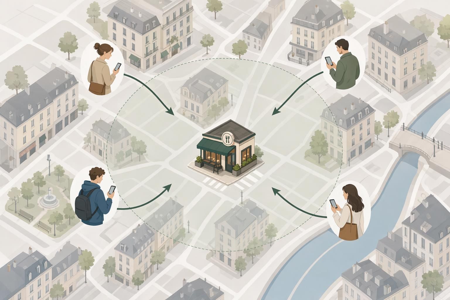 Diagramă cu promovare locală pentru un restaurant într-o rază apropiată
